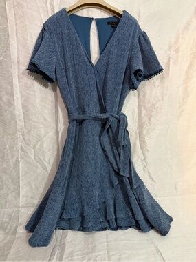 City Studio Blue Faux Wrap Dress Size 13 Ruffle Hem Keyhole Back Fit Flare